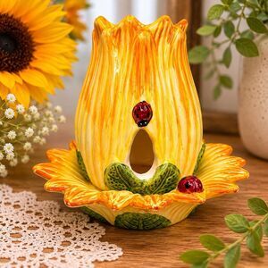 Vintage 2 Pc Ceramic Sunflower Tea Light Candle Holder Ladybug Cottagecore Decor